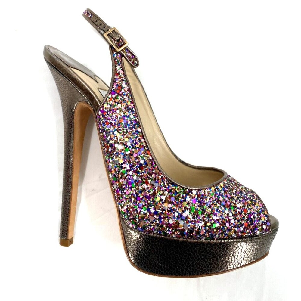 Jimmy Choo CLUE Glitter Gold Slingback Platform Open Toe Sandals Shoes Sz 38.5 - Picture 13 of 16
